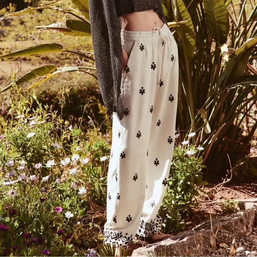 Zara Embroidered Wide Leg Pants New